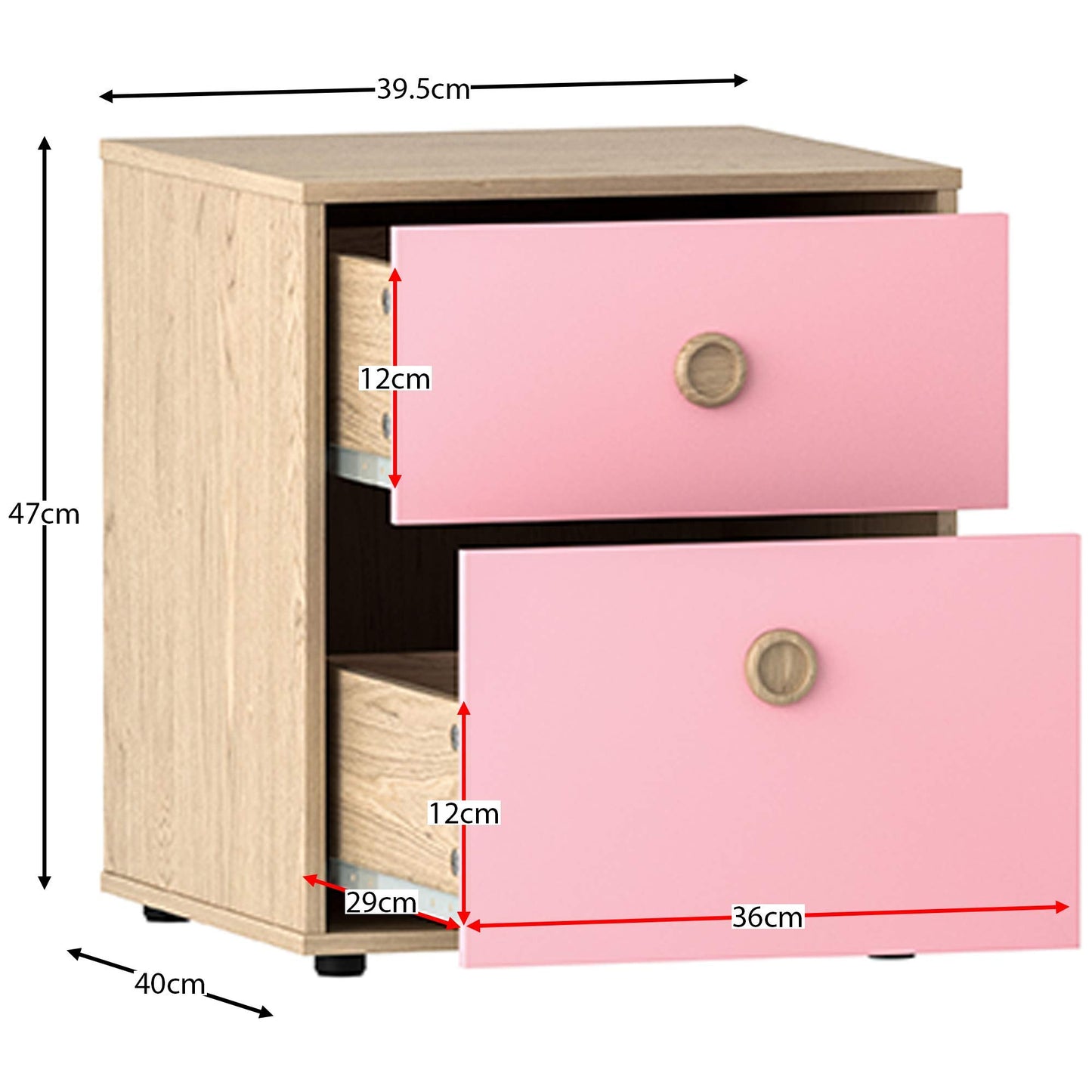 Junior Vida Neptune 3-Piece Bedroom Furniture Set – Pink & Oak Bedside Table, 5-Drawer Chest, and 1-Door Wardrobe