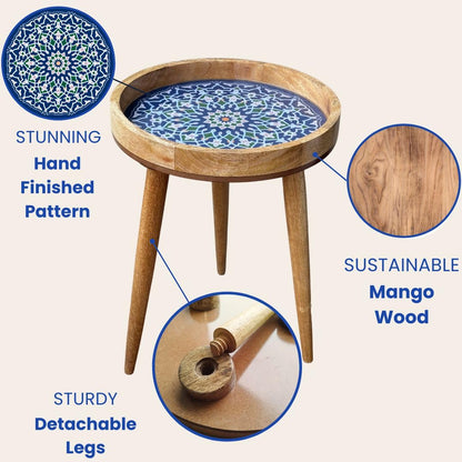 Handmade Mango Wood Side Table – Marrakesh Blue Design, Removable Legs, 35.5 cm Diameter