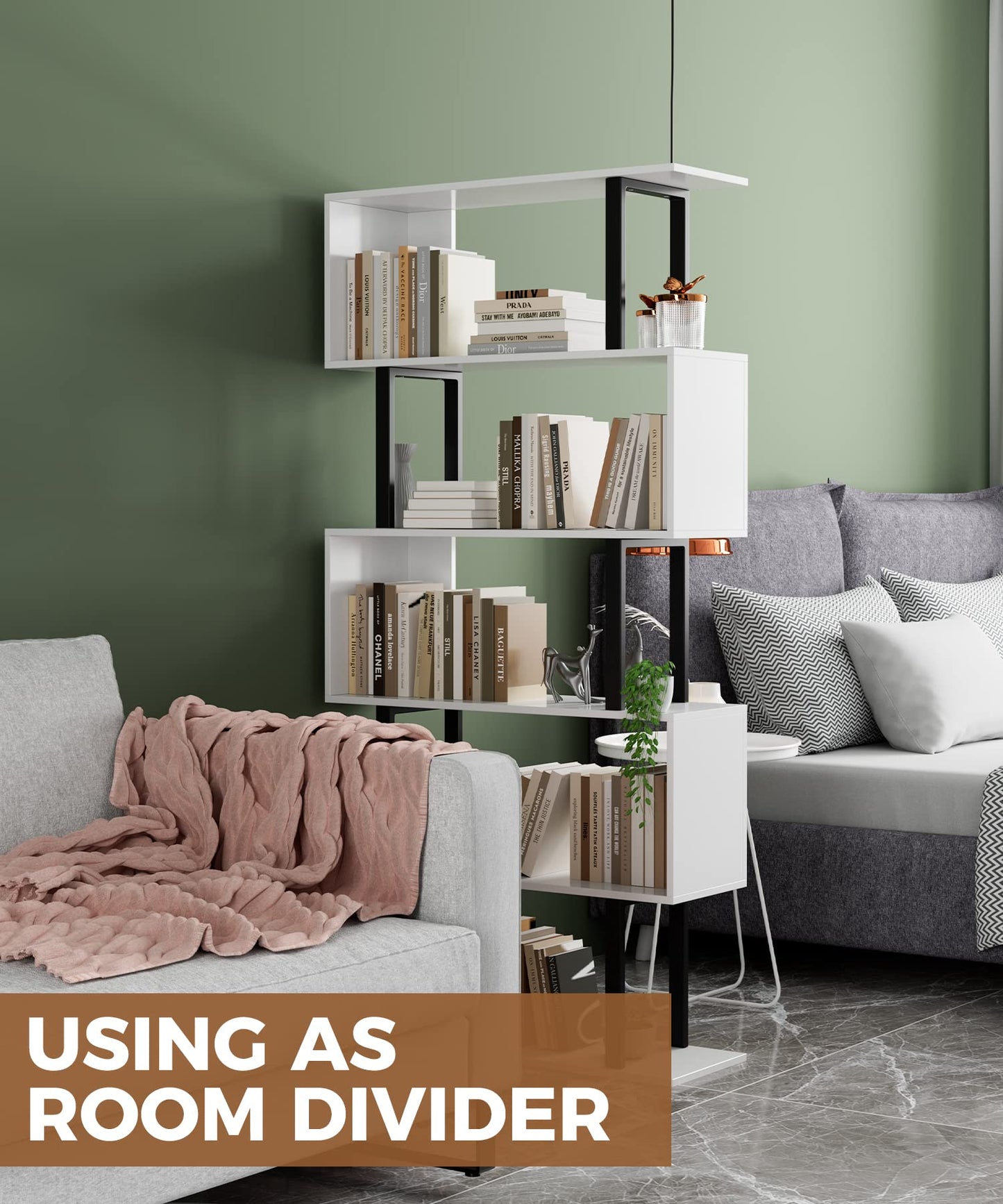 Gadroad 5-Tier S-Shaped Bookshelf – Modern Freestanding Storage & Display Unit, White Wood Bookcase for Living Room or Bedroom