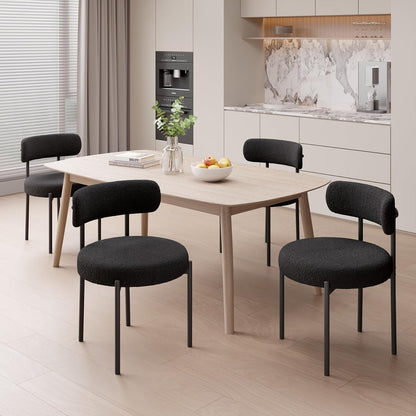 Set of 4 Black Bouclé Dining Chairs – Upholstered Curved Back Chairs with Armrests & Metal Legs