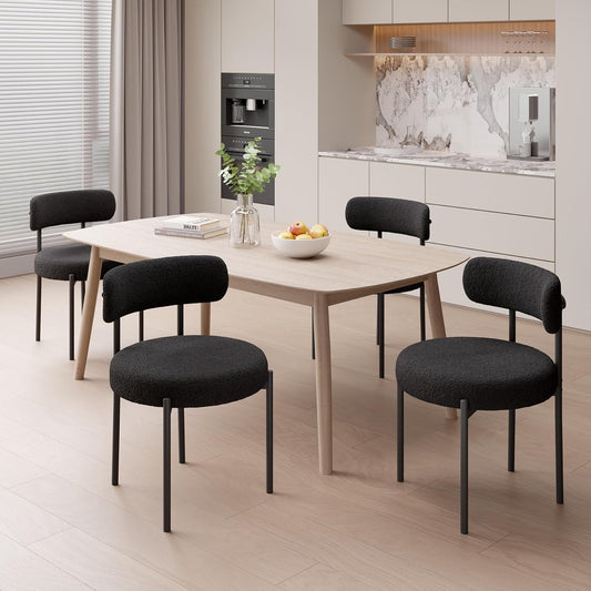 Set of 4 Black Bouclé Dining Chairs – Upholstered Curved Back Chairs with Armrests & Metal Legs