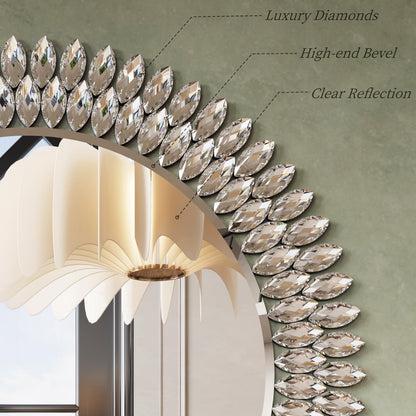 Luxury Round Wall Mirror with Sparkling Crystals – 28" Silver Beveled Glass Mirror with Decorative Frame – Elegant Accent Mirror for Bathroom, Bedroom, Living Room or Entryway