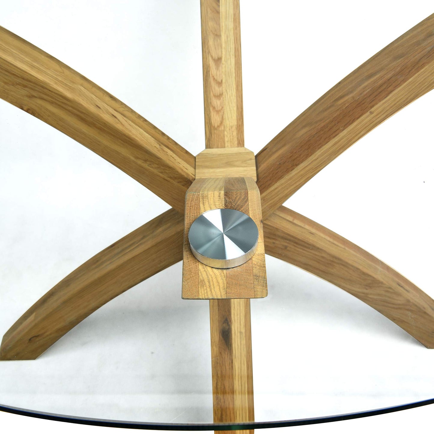 Glass Round Dining Table with Solid Oak Legs – 110cm Diameter, Modern Design