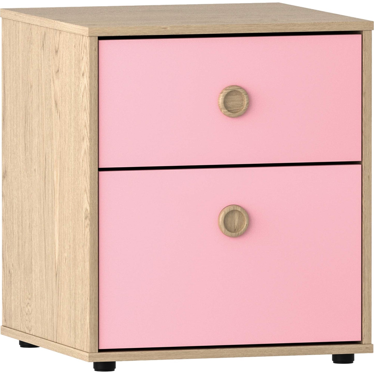 Junior Vida Neptune 3-Piece Bedroom Furniture Set – Pink & Oak Bedside Table, 5-Drawer Chest, and 1-Door Wardrobe
