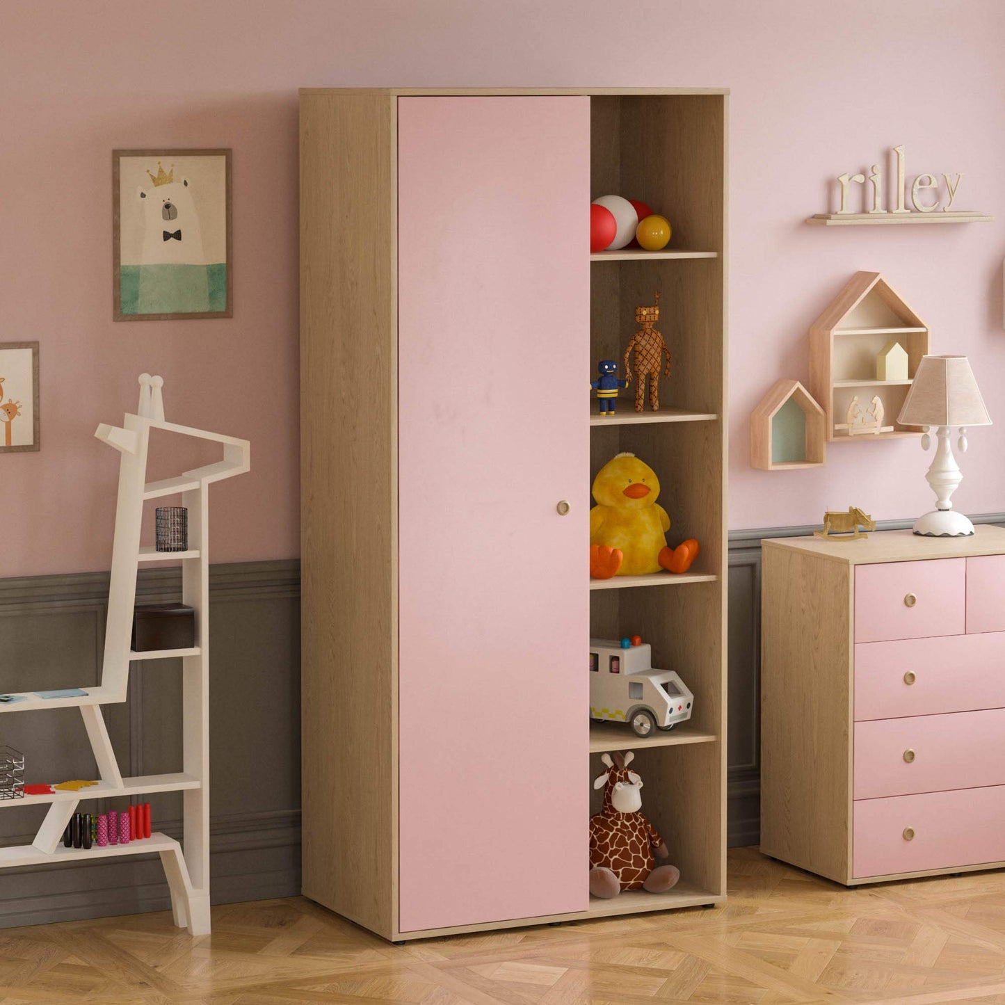 Junior Vida Neptune 3-Piece Bedroom Furniture Set – Pink & Oak Bedside Table, 5-Drawer Chest, and 1-Door Wardrobe