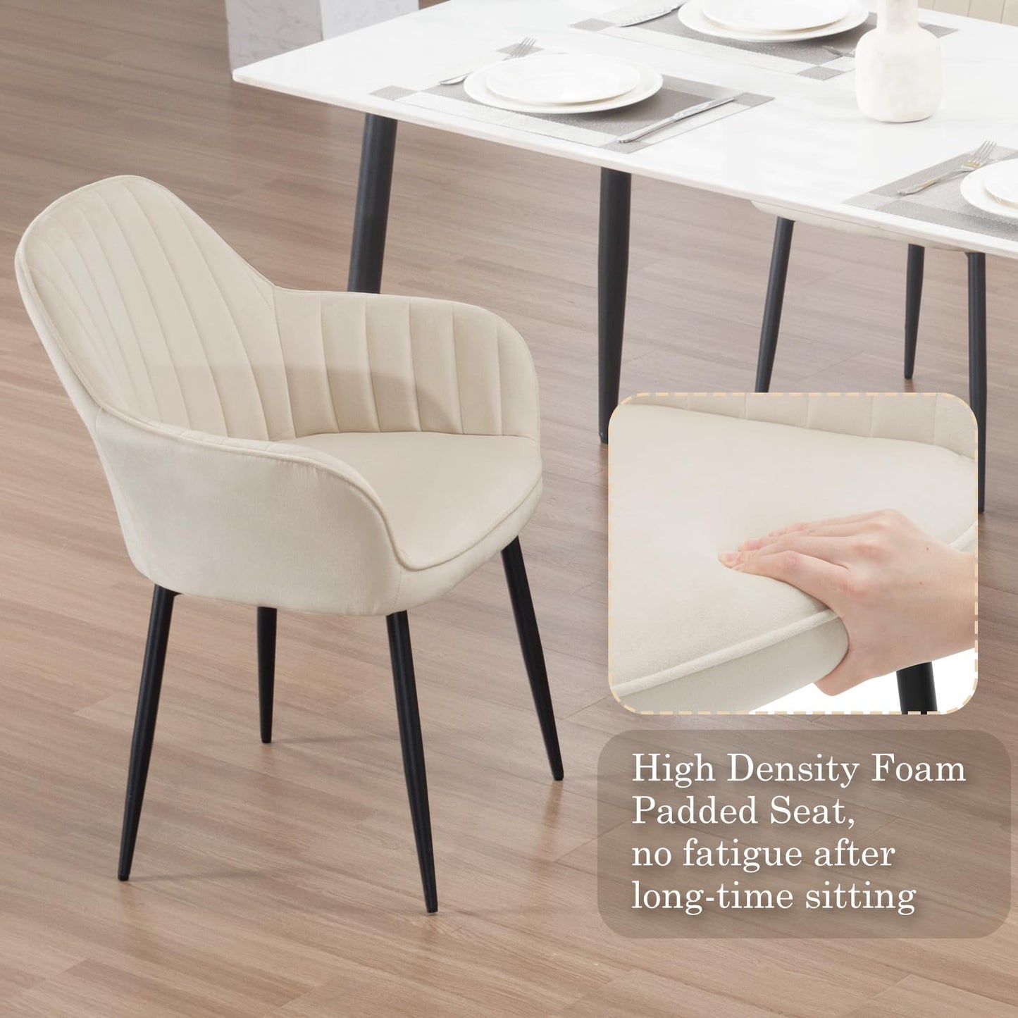 Set of 4 Cream Velvet Dining Chairs – Padded Seat with Backrest and Metal Legs for Dining Room or Living Space