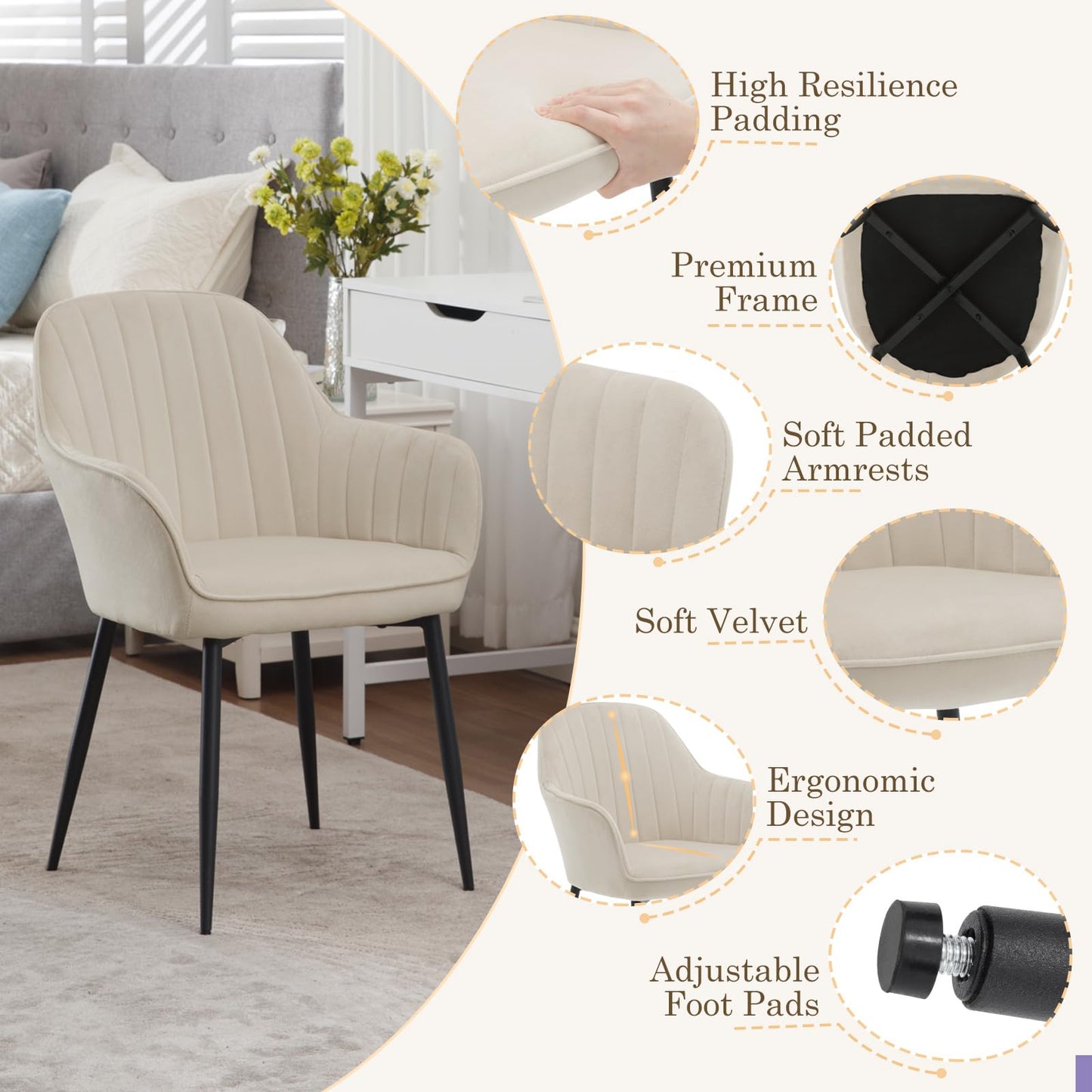 Set of 4 Cream Velvet Dining Chairs – Padded Seat with Backrest and Metal Legs for Dining Room or Living Space