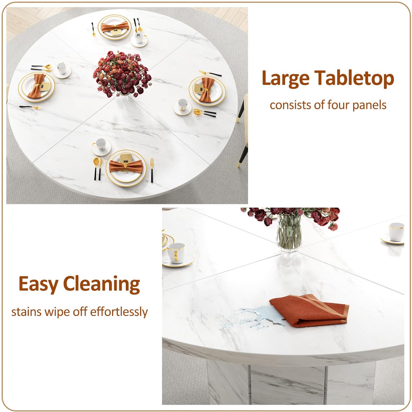 Round 120cm White Marble Dining Table – Modern Faux Marble Kitchen Table for 4–6 People with Octagon Base