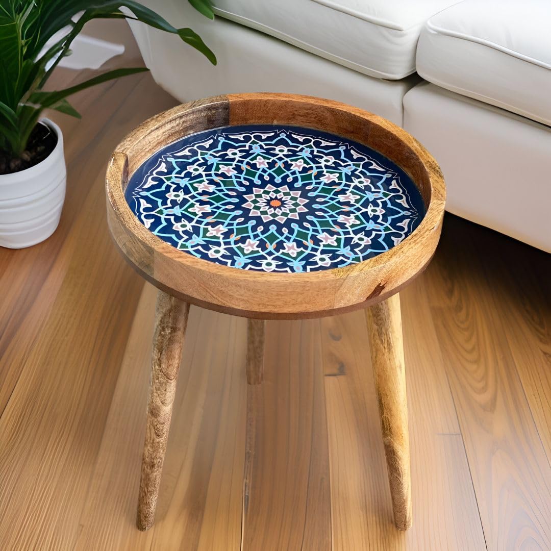 Handmade Mango Wood Side Table – Marrakesh Blue Design, Removable Legs, 35.5 cm Diameter
