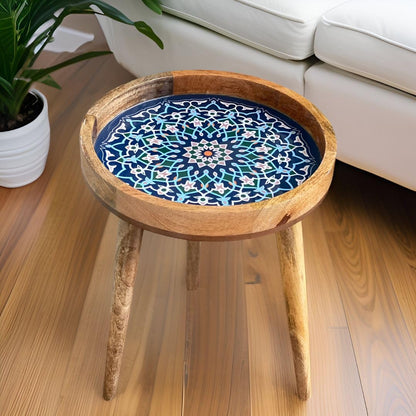 Handmade Mango Wood Side Table – Marrakesh Blue Design, Removable Legs, 35.5 cm Diameter