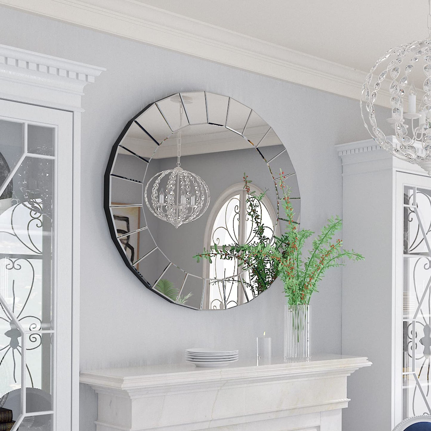 Decorative Art Wall Mirror Entryway : Elegant Artistic Look 5mm Premium Glass 80x80x1.7cm Circle Accent Mirror Silver Reflection Decor Mirrors Wall Mount for Living Room, Bathroom, Fireplace