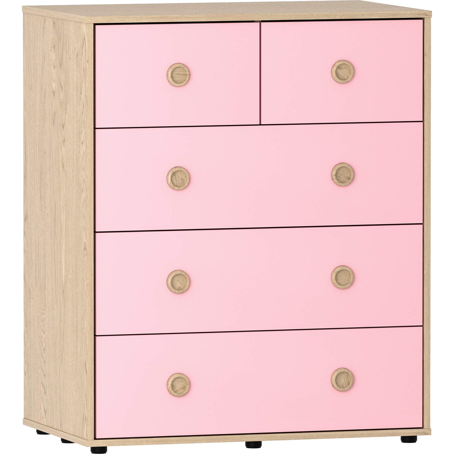 Junior Vida Neptune 3-Piece Bedroom Furniture Set – Pink & Oak Bedside Table, 5-Drawer Chest, and 1-Door Wardrobe