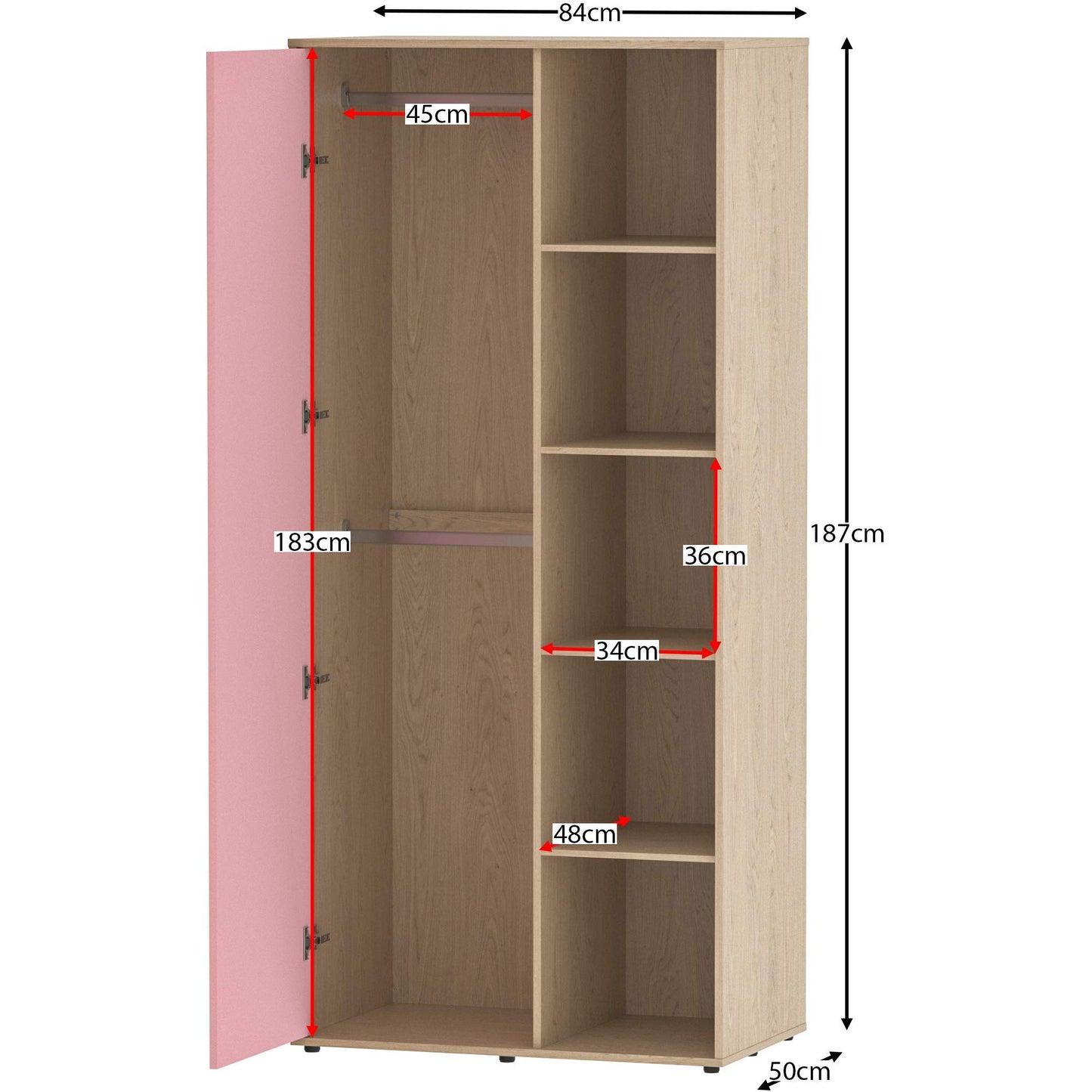 Junior Vida Neptune 3-Piece Bedroom Furniture Set – Pink & Oak Bedside Table, 5-Drawer Chest, and 1-Door Wardrobe