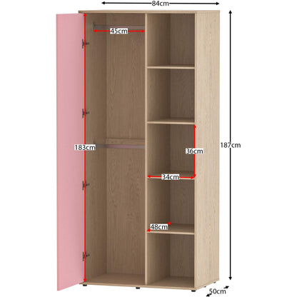 Junior Vida Neptune 3-Piece Bedroom Furniture Set – Pink & Oak Bedside Table, 5-Drawer Chest, and 1-Door Wardrobe