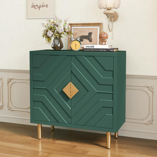 HOLTICO Wooden Sideboard with 2 Doors | 3D Embossed Accent Cabinet | Modern Green Buffet Storage for Living Room, Dining Room & Hallway