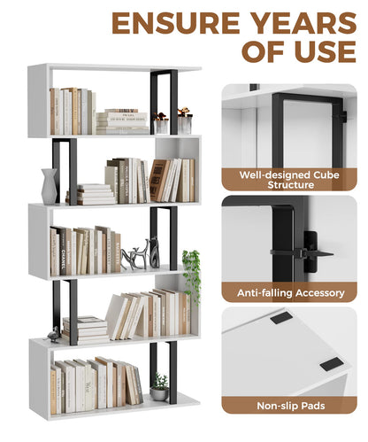 Gadroad 5-Tier S-Shaped Bookshelf – Modern Freestanding Storage & Display Unit, White Wood Bookcase for Living Room or Bedroom