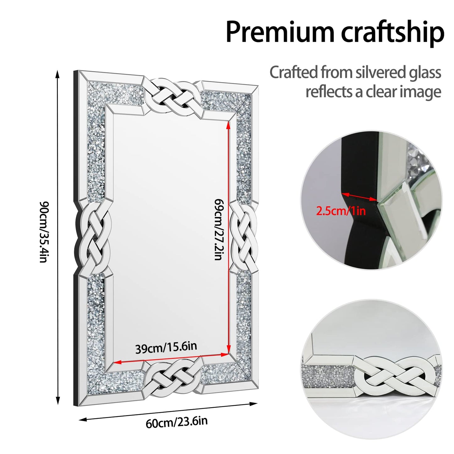 Rectangular Venetian Wall Mirror with Embedded Crystals – 90×60 cm Decorative Accent in Silver