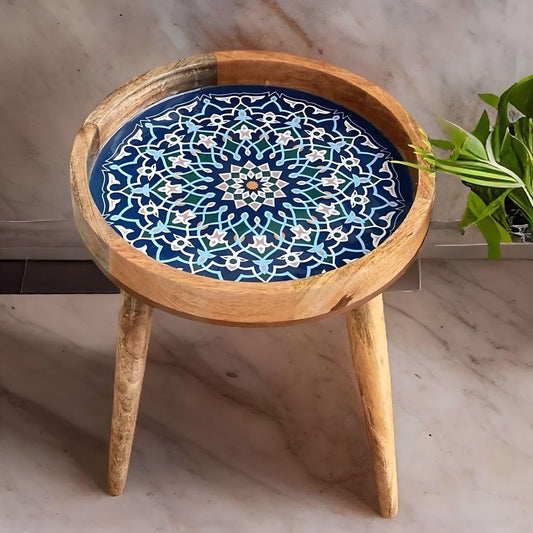 Handmade Mango Wood Side Table – Marrakesh Blue Design, Removable Legs, 35.5 cm Diameter