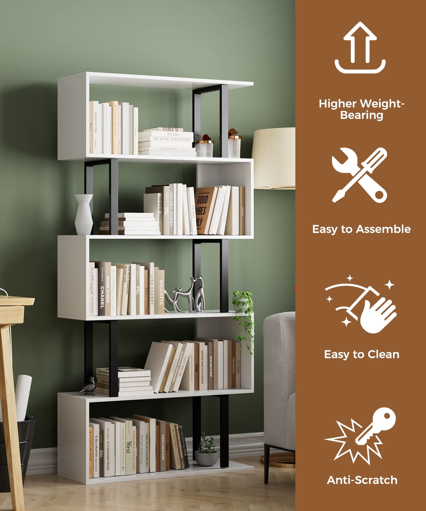 Gadroad 5-Tier S-Shaped Bookshelf – Modern Freestanding Storage & Display Unit, White Wood Bookcase for Living Room or Bedroom