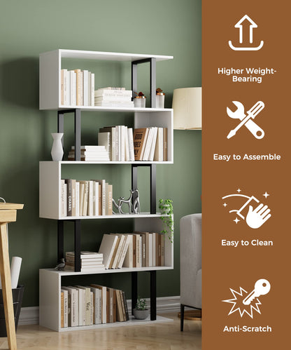 Gadroad 5-Tier S-Shaped Bookshelf – Modern Freestanding Storage & Display Unit, White Wood Bookcase for Living Room or Bedroom