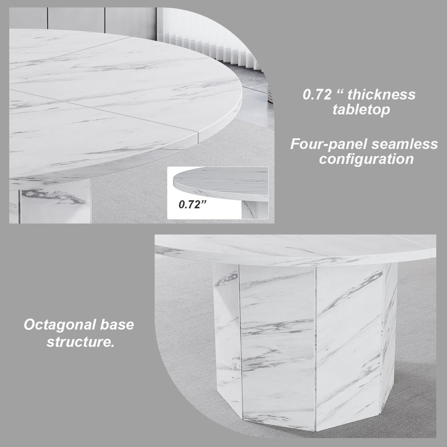 Round 120cm White Marble Dining Table – Modern Faux Marble Kitchen Table for 4–6 People with Octagon Base