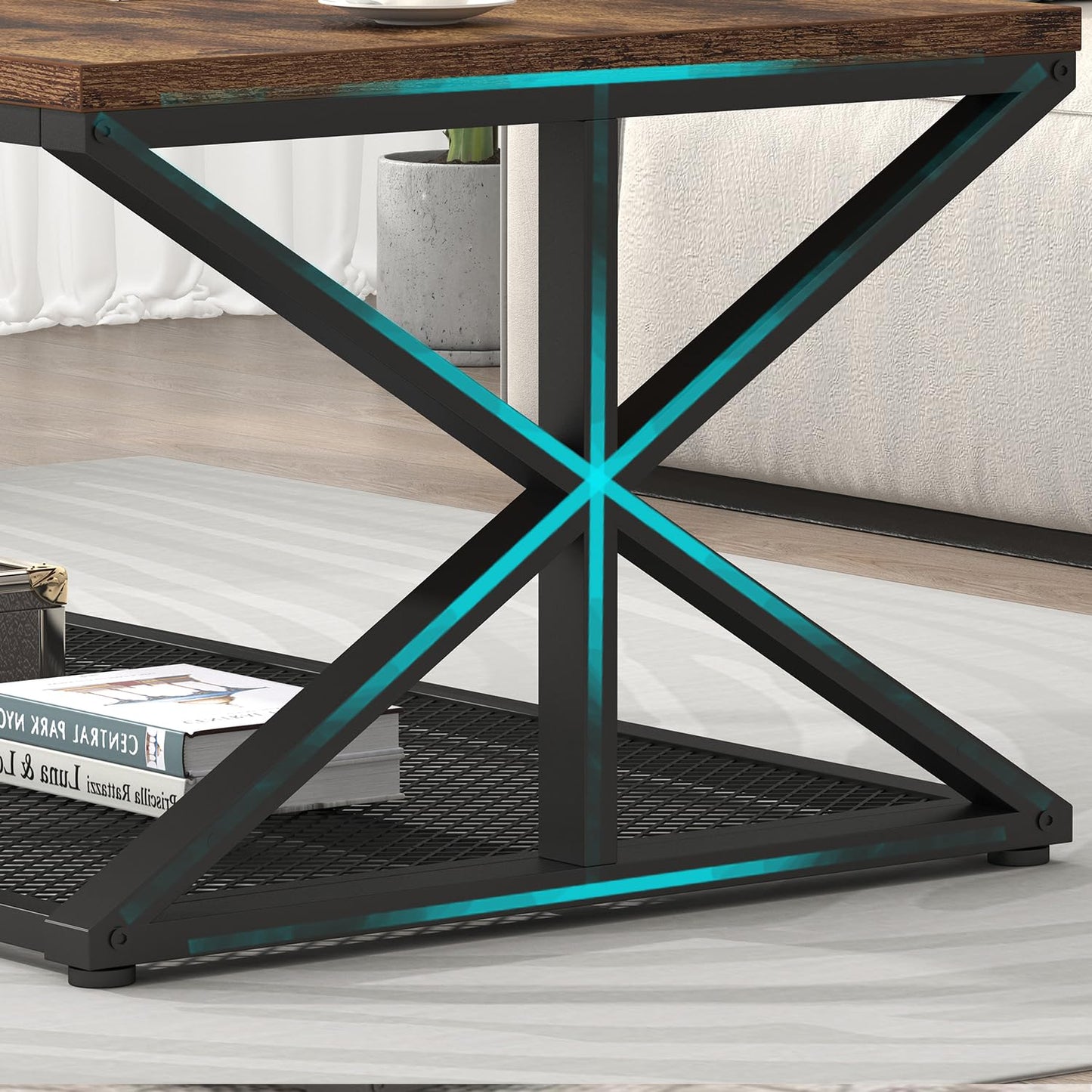 Rustic Brown Industrial Coffee Table – Wood and Metal Living Room Table with Mesh Shelf, 120 cm