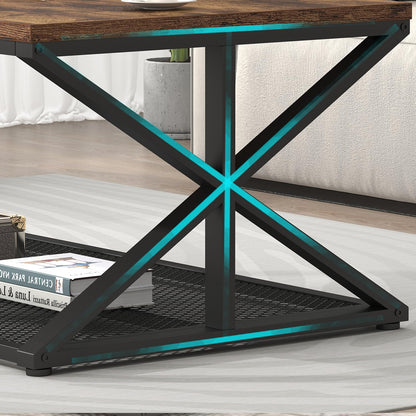 Rustic Brown Industrial Coffee Table – Wood and Metal Living Room Table with Mesh Shelf, 120 cm