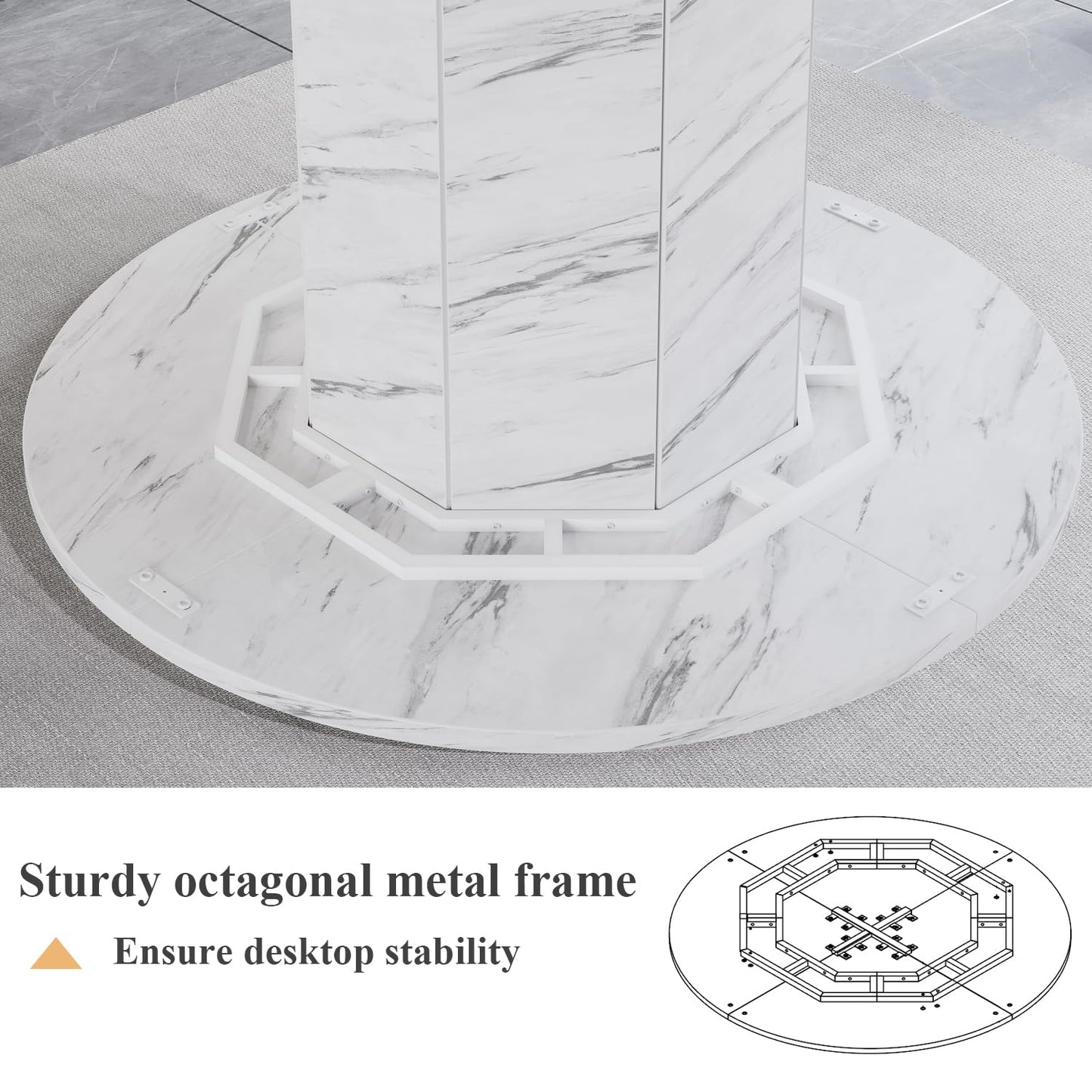 Round 120cm White Marble Dining Table – Modern Faux Marble Kitchen Table for 4–6 People with Octagon Base