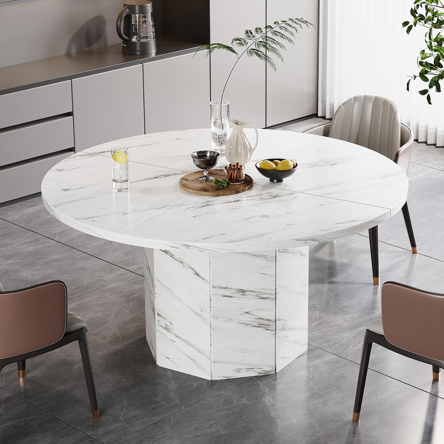 Round 120cm White Marble Dining Table – Modern Faux Marble Kitchen Table for 4–6 People with Octagon Base