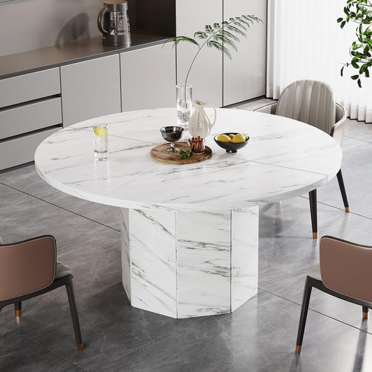 Round 120cm White Marble Dining Table – Modern Faux Marble Kitchen Table for 4–6 People with Octagon Base