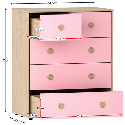 Junior Vida Neptune 3-Piece Bedroom Furniture Set – Pink & Oak Bedside Table, 5-Drawer Chest, and 1-Door Wardrobe