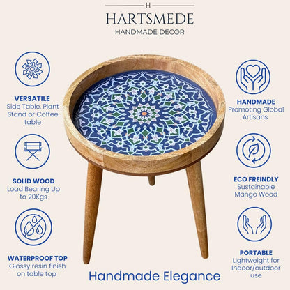 Handmade Mango Wood Side Table – Marrakesh Blue Design, Removable Legs, 35.5 cm Diameter