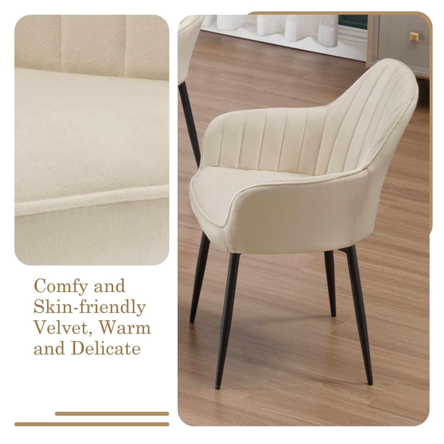 Set of 4 Cream Velvet Dining Chairs – Padded Seat with Backrest and Metal Legs for Dining Room or Living Space