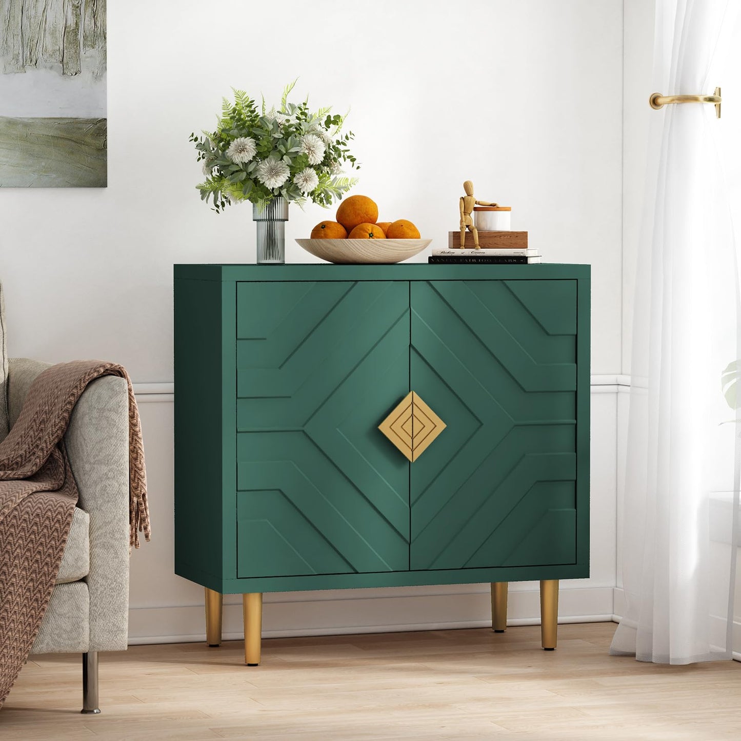HOLTICO Wooden Sideboard with 2 Doors | 3D Embossed Accent Cabinet | Modern Green Buffet Storage for Living Room, Dining Room & Hallway
