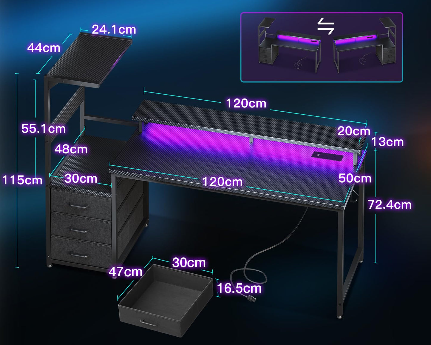 150cm LED Gaming Desk with Power Outlets – Reversible Computer Desk with Drawers & Monitor Stand – Carbon Fiber Black