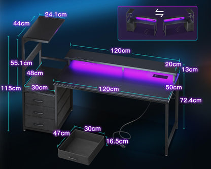 150cm LED Gaming Desk with Power Outlets – Reversible Computer Desk with Drawers & Monitor Stand – Carbon Fiber Black