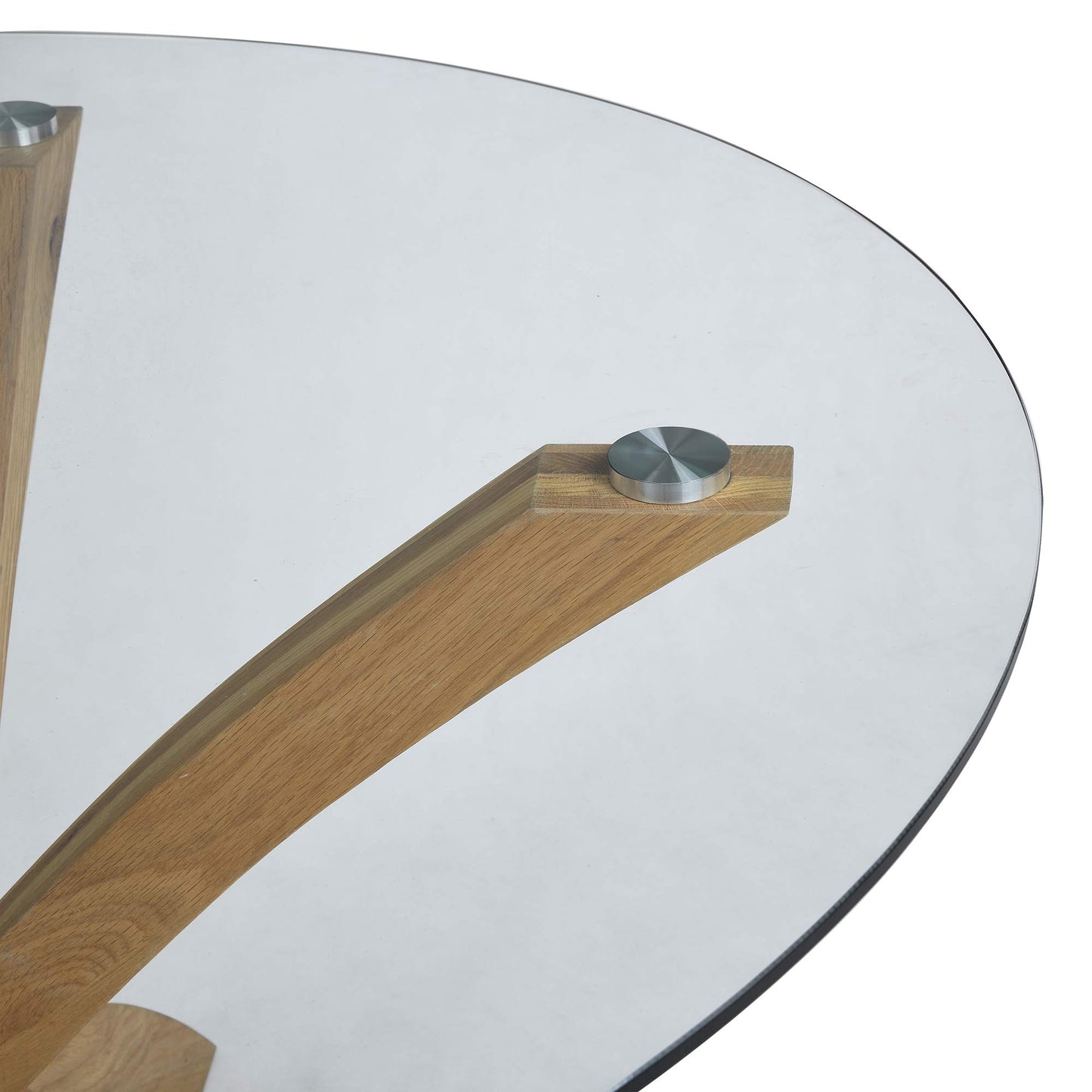 Glass Round Dining Table with Solid Oak Legs – 110cm Diameter, Modern Design