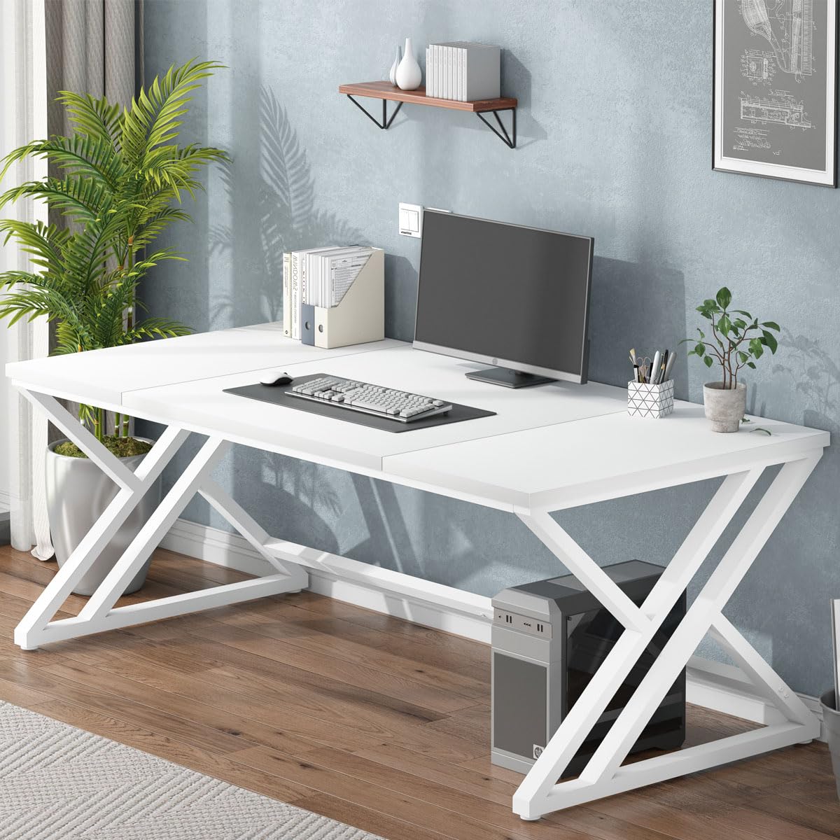 Modern Double Computer Desk – 180cm White Oak – Large Home Office Workstation for Tw