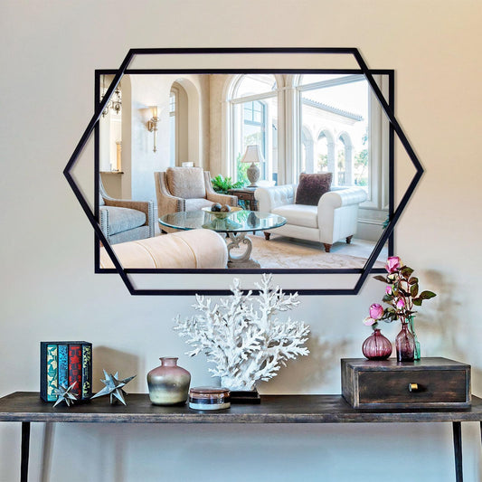 Autdot Modern Decorative Wall Mirror – 26" x 36" Black Metal Frame with Geometric Design – Vertical or Horizontal Hanging for Living Room, Bathroom, Bedroom & Entryway