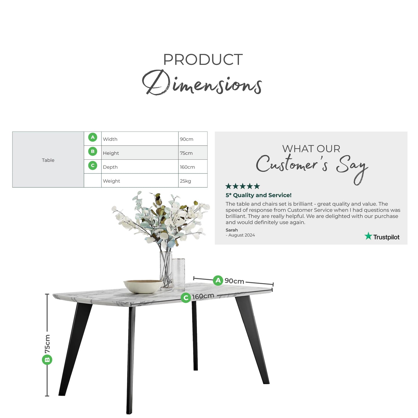 Andria Large 6-Seater Dining Table – White Marble Effect Top with Black Legs