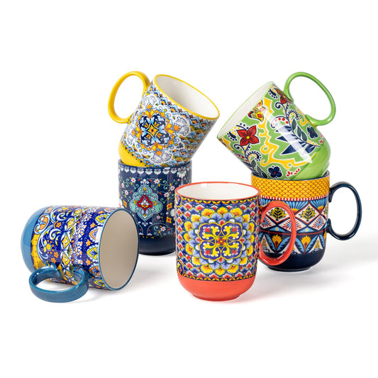 Porcelain Coffee Mug Set – 6-Pack, 410ml Colorful Cups with Handles, Bohemian Style Drinkware for Coffee, Tea, Milk & Cappuccino