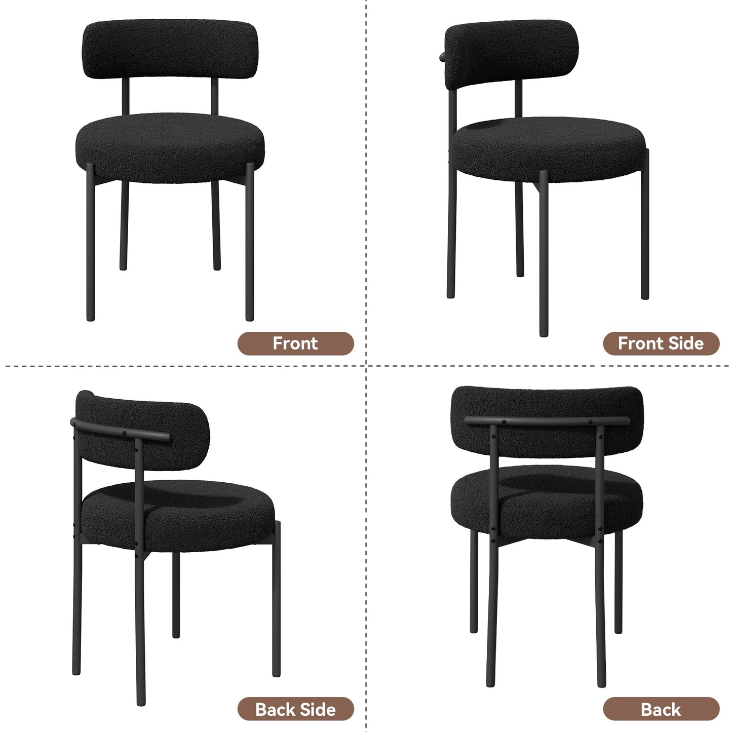 Set of 4 Black Bouclé Dining Chairs – Upholstered Curved Back Chairs with Armrests & Metal Legs