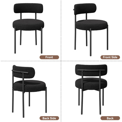 Set of 4 Black Bouclé Dining Chairs – Upholstered Curved Back Chairs with Armrests & Metal Legs