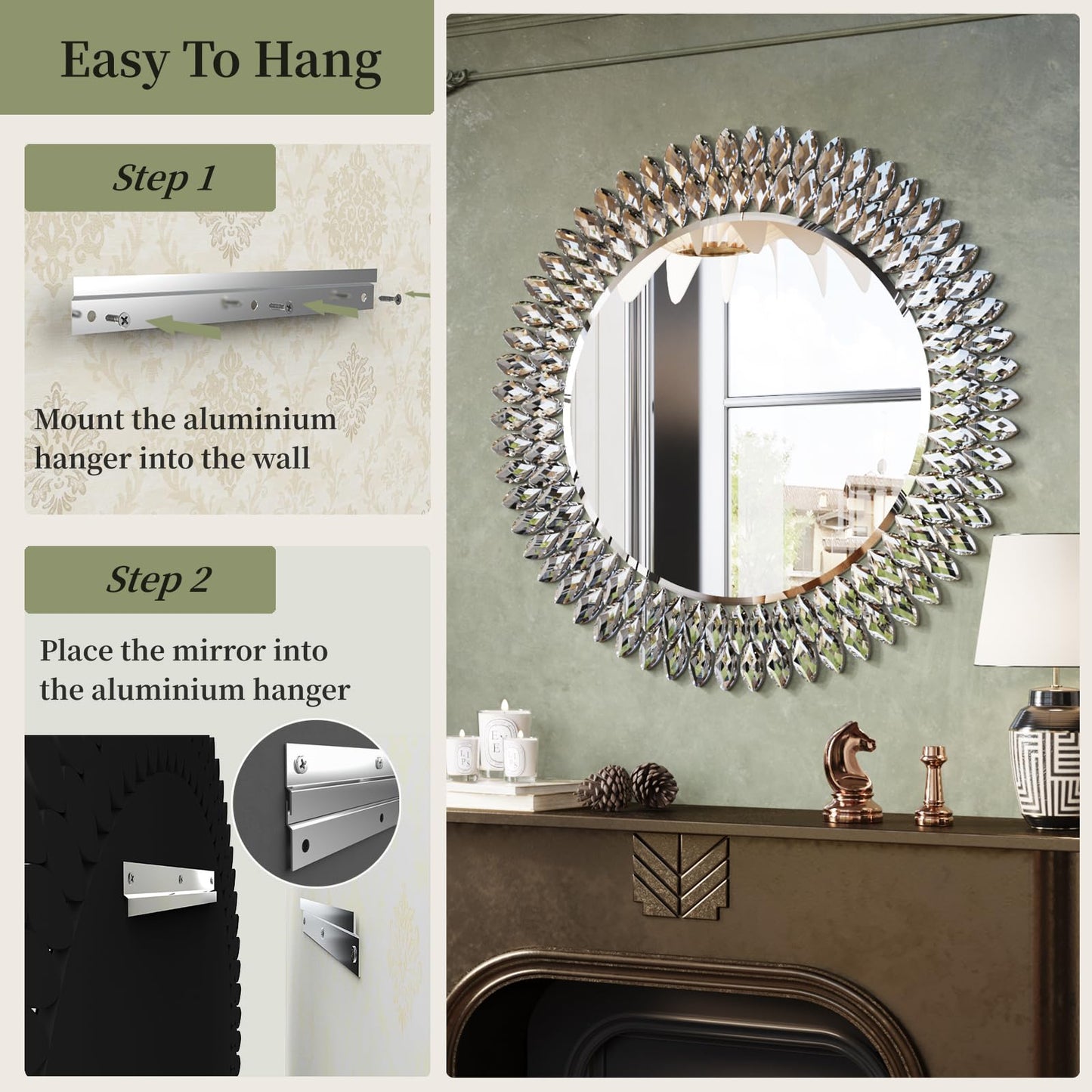 Luxury Round Wall Mirror with Sparkling Crystals – 28" Silver Beveled Glass Mirror with Decorative Frame – Elegant Accent Mirror for Bathroom, Bedroom, Living Room or Entryway