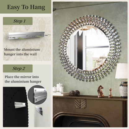 Luxury Round Wall Mirror with Sparkling Crystals – 28" Silver Beveled Glass Mirror with Decorative Frame – Elegant Accent Mirror for Bathroom, Bedroom, Living Room or Entryway
