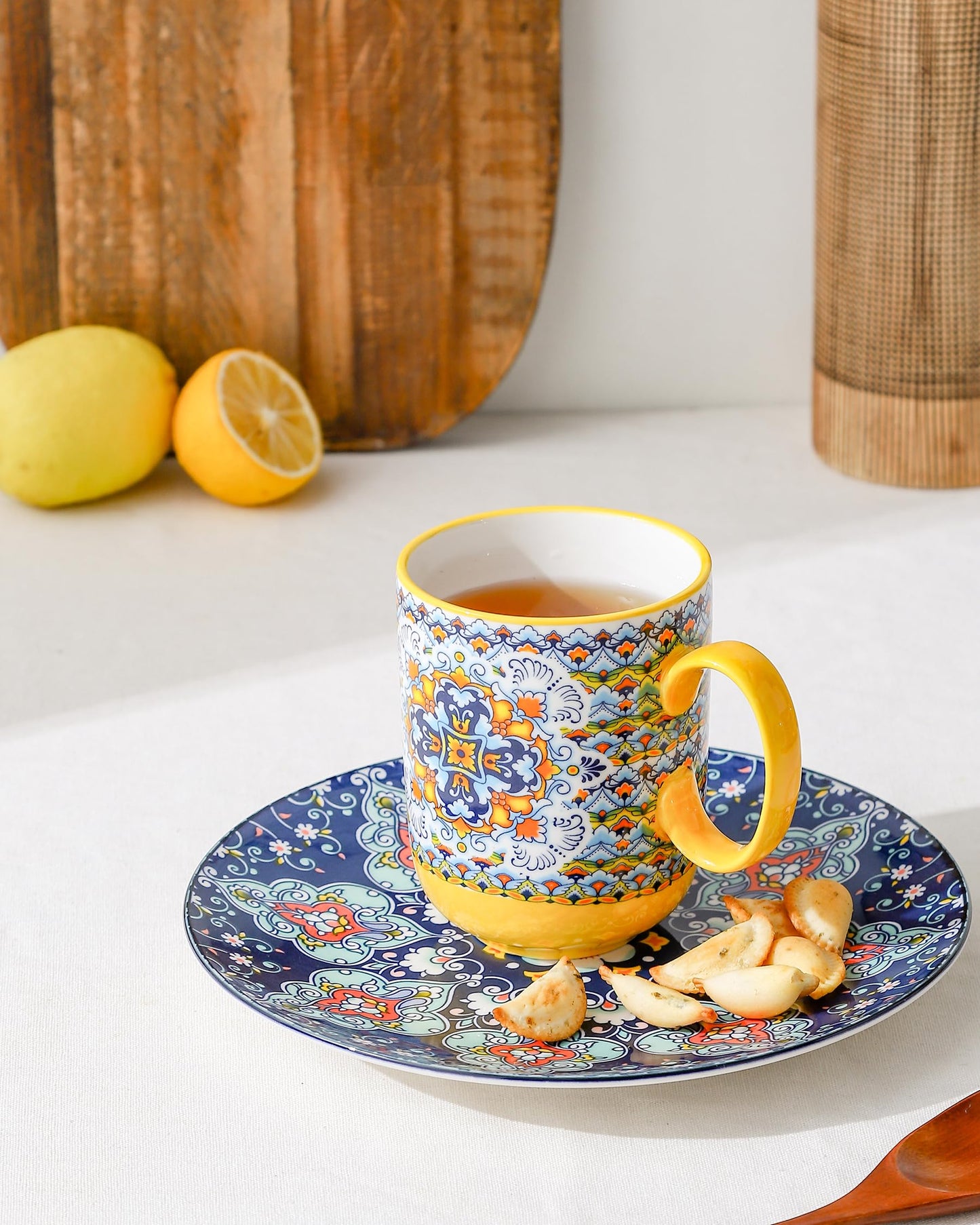 Porcelain Coffee Mug Set – 6-Pack, 410ml Colorful Cups with Handles, Bohemian Style Drinkware for Coffee, Tea, Milk & Cappuccino