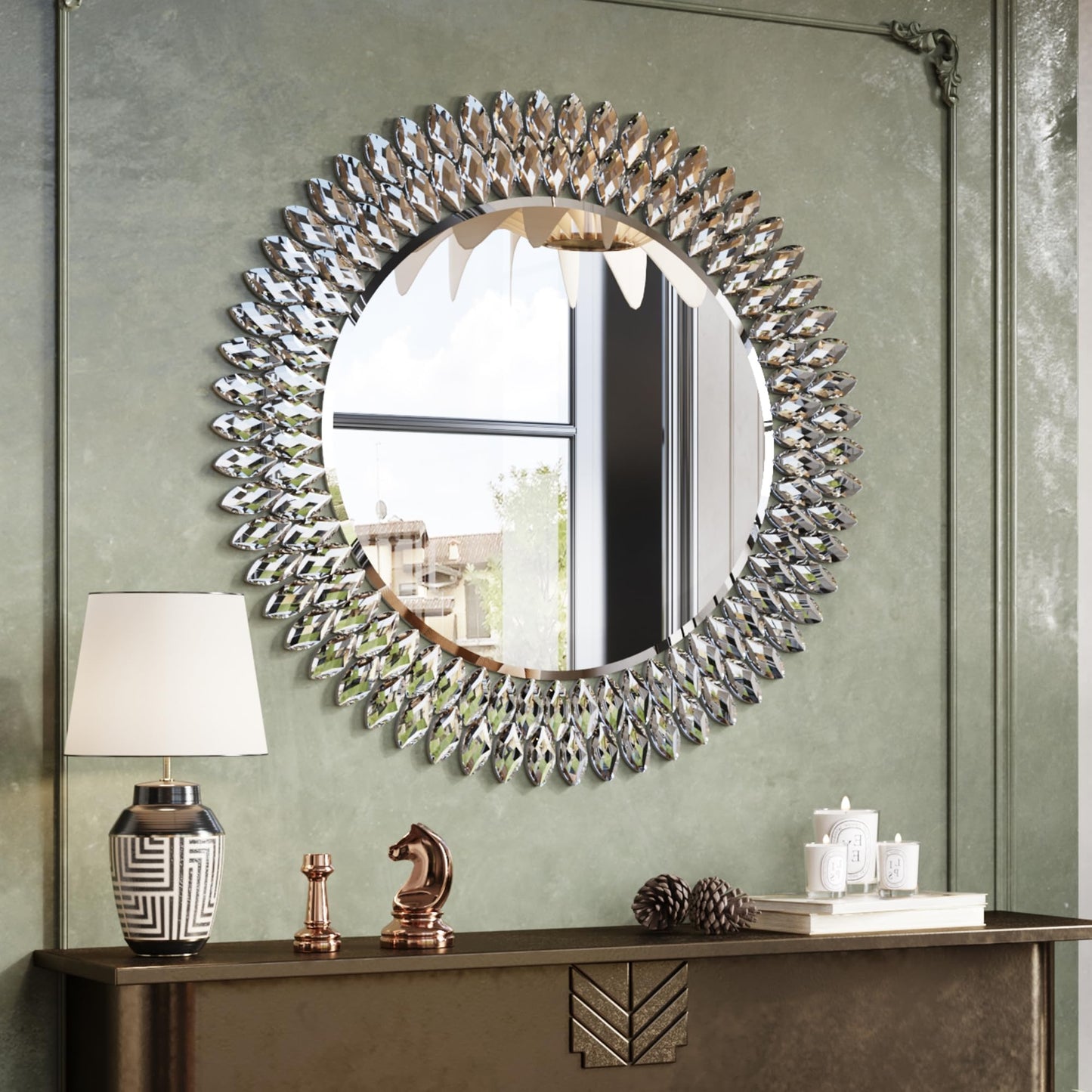 Luxury Round Wall Mirror with Sparkling Crystals – 28" Silver Beveled Glass Mirror with Decorative Frame – Elegant Accent Mirror for Bathroom, Bedroom, Living Room or Entryway