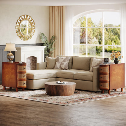 Tribesigns Set of 2 Solid Wood End Tables with 3 Rattan Drawers – Walnut & Oak Finish, No Assembly Needed