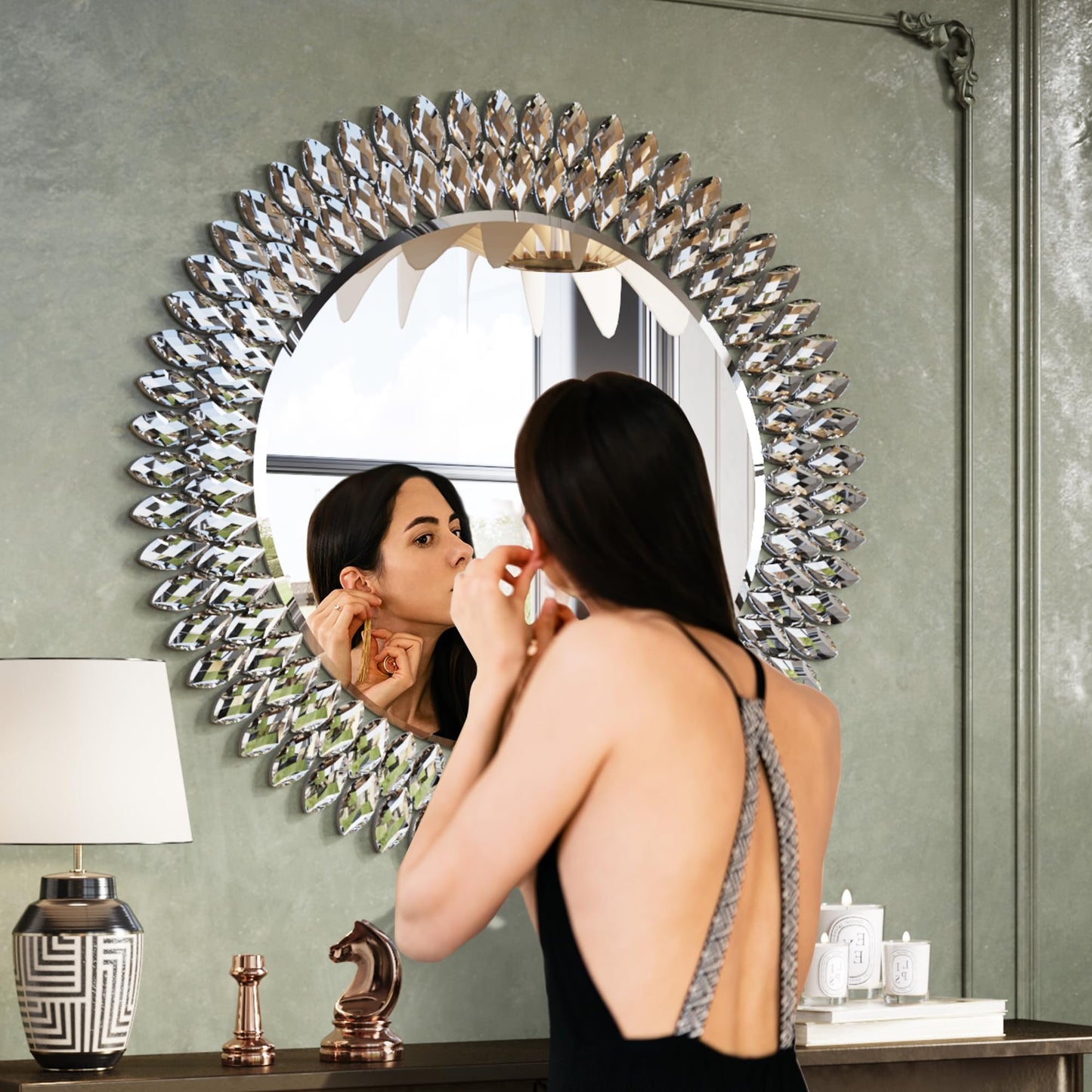 Luxury Round Wall Mirror with Sparkling Crystals – 28" Silver Beveled Glass Mirror with Decorative Frame – Elegant Accent Mirror for Bathroom, Bedroom, Living Room or Entryway