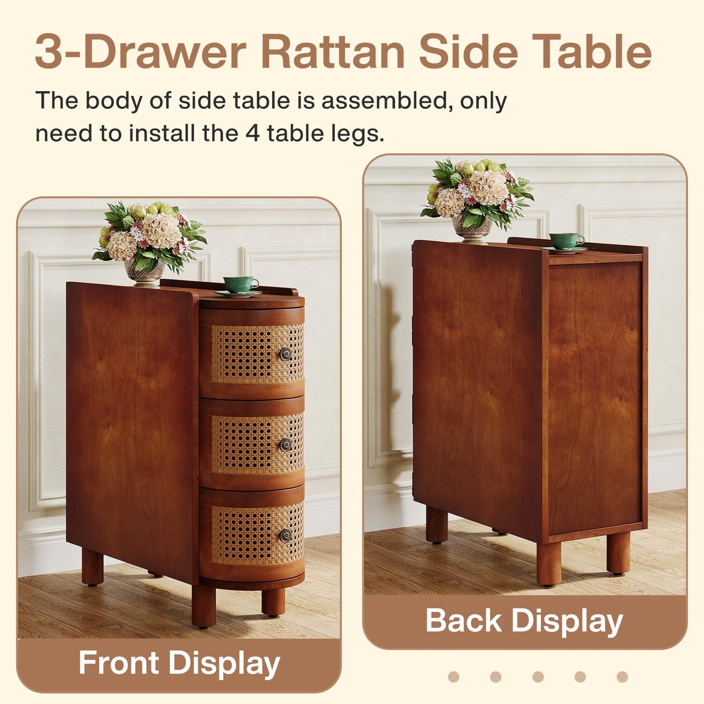 Tribesigns Set of 2 Solid Wood End Tables with 3 Rattan Drawers – Walnut & Oak Finish, No Assembly Needed